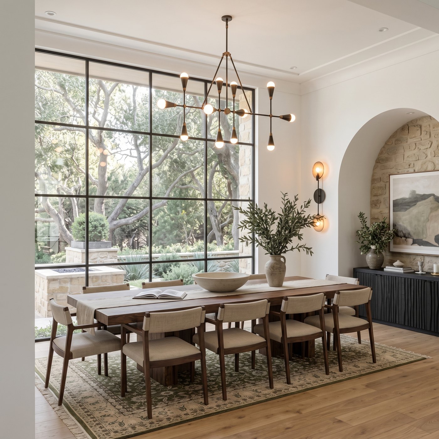 Comedor con mesa de madera y sillas tapizadas beige