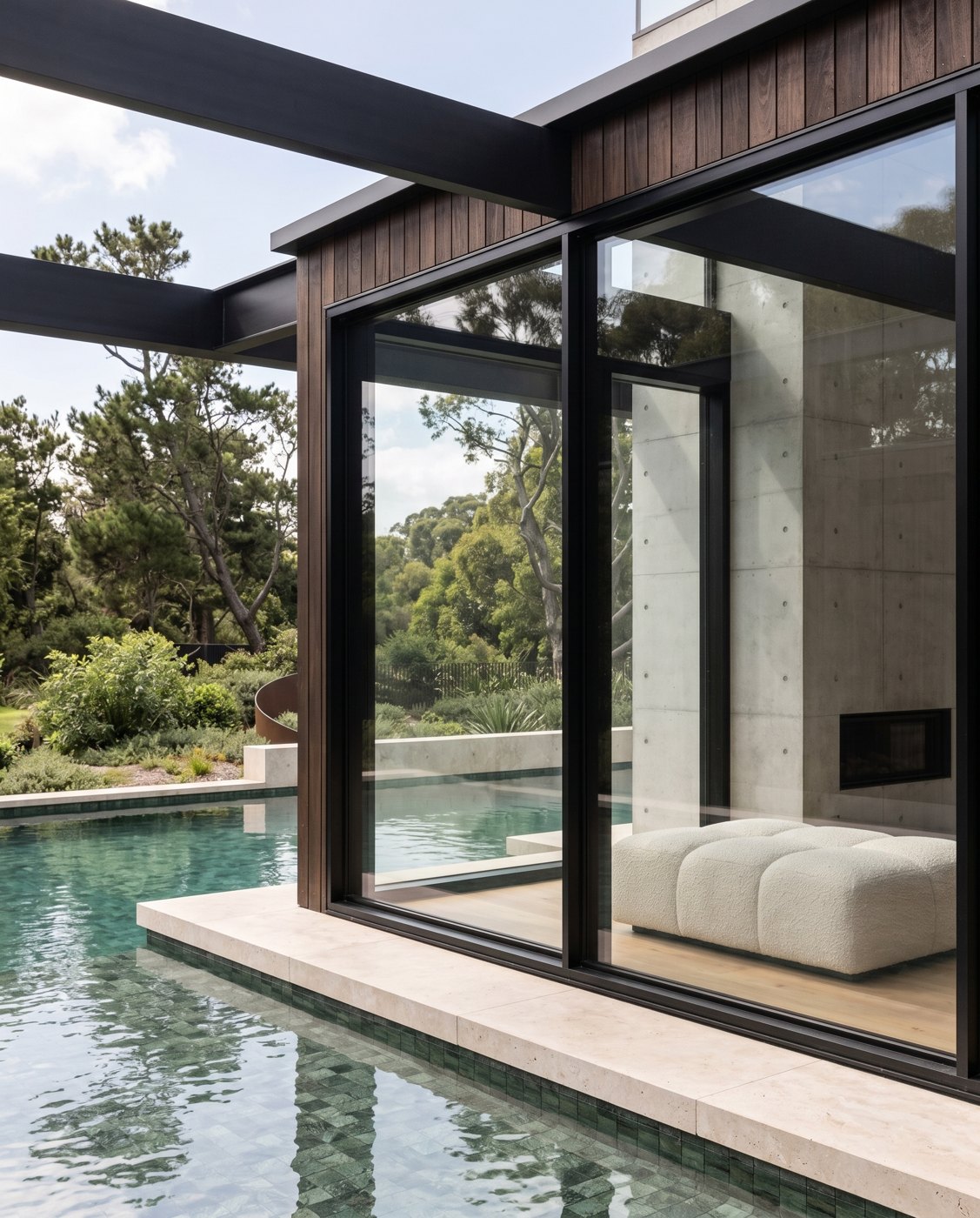 Exterior del mismo proyecto con ventanales, revestimiento de madera y piscina