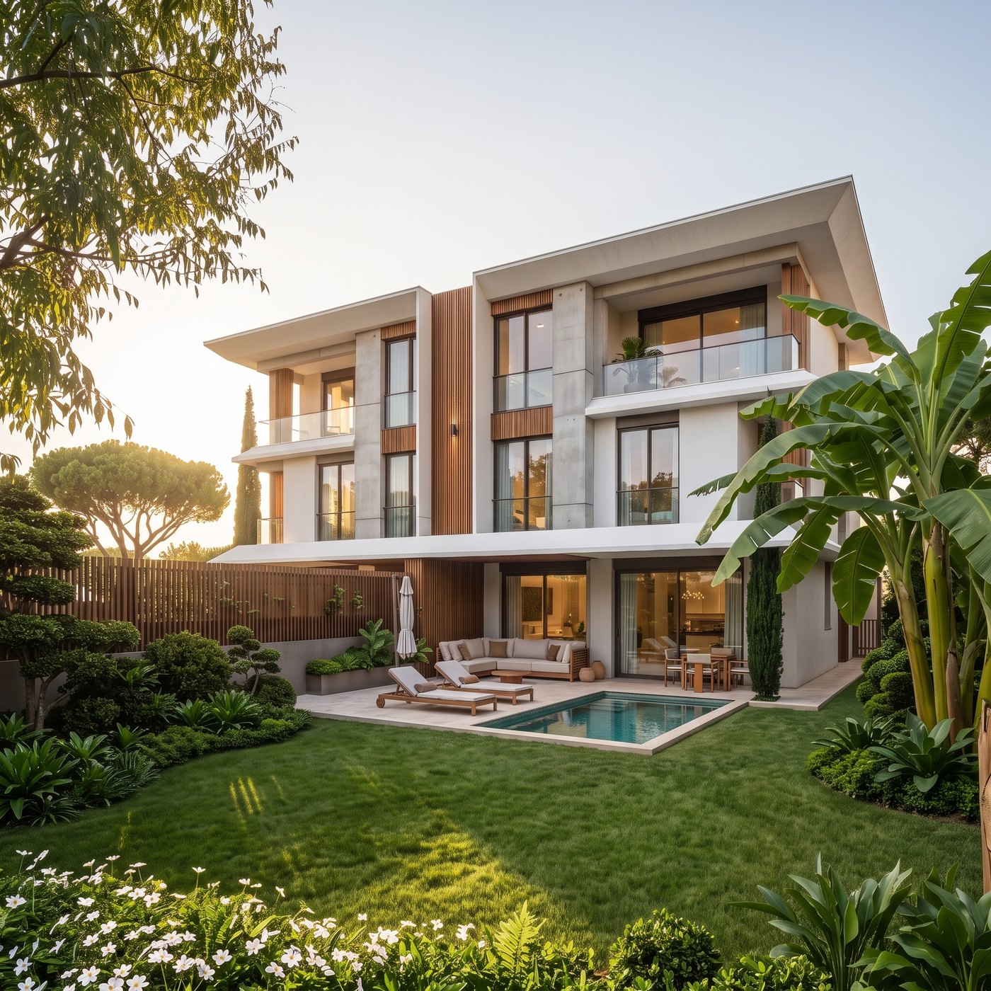 La misma casa con luz cálida de atardecer