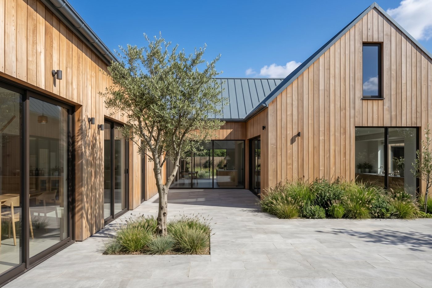 Render de casa con revestimiento de madera y patio con olivo
