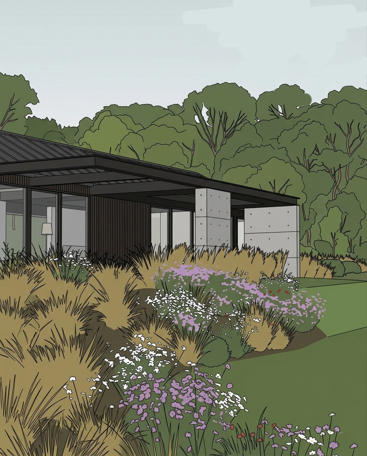 Ilustración del modelo de una casa con jardín de pastos y flores