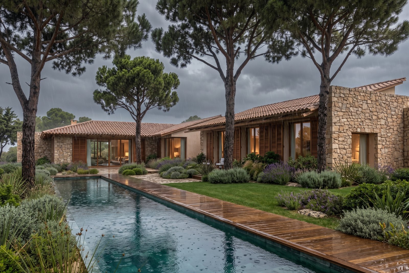 La misma casa de piedra con piscina en un día de lluvia