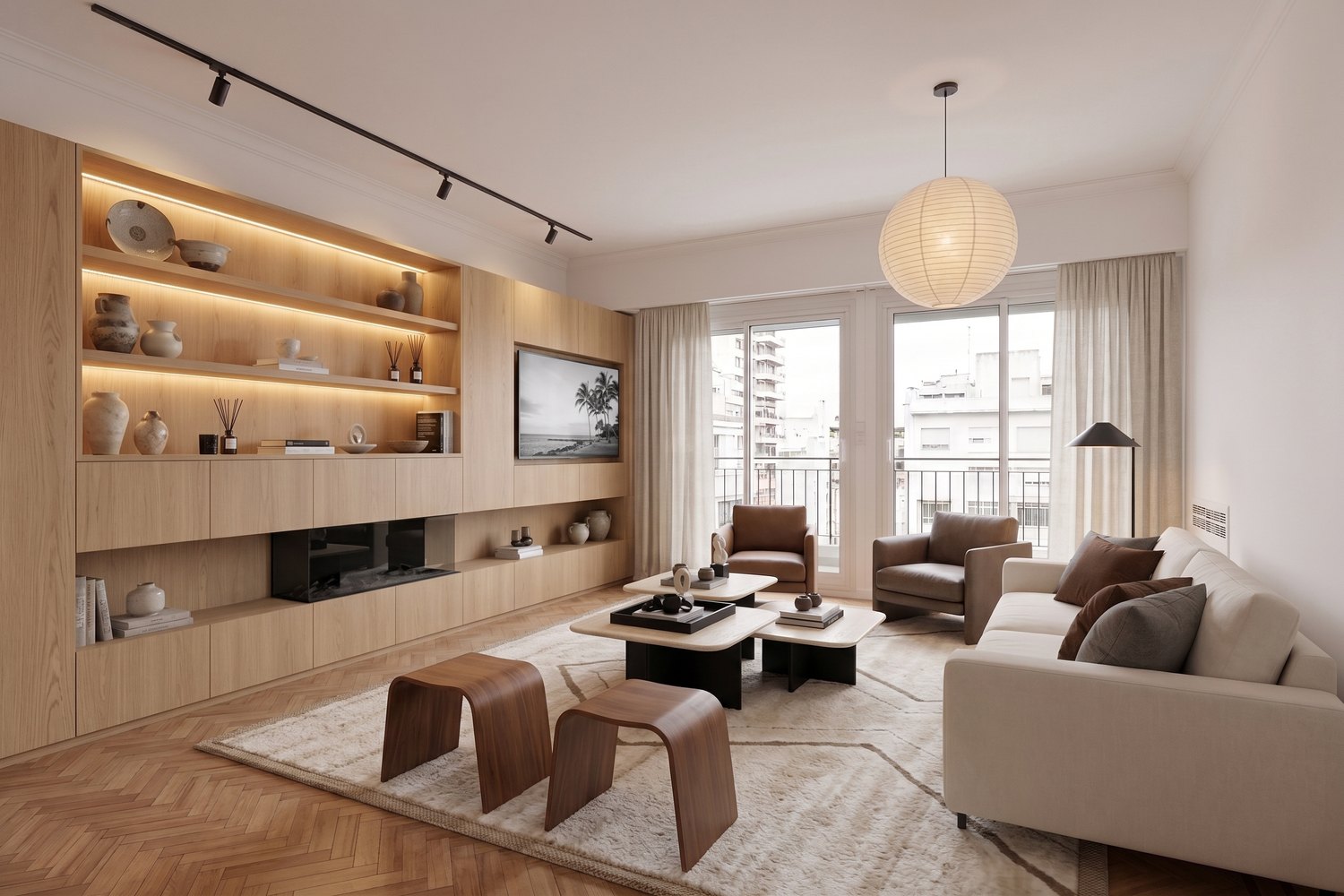 El mismo living amoblado con mueble de madera, sillones y alfombra