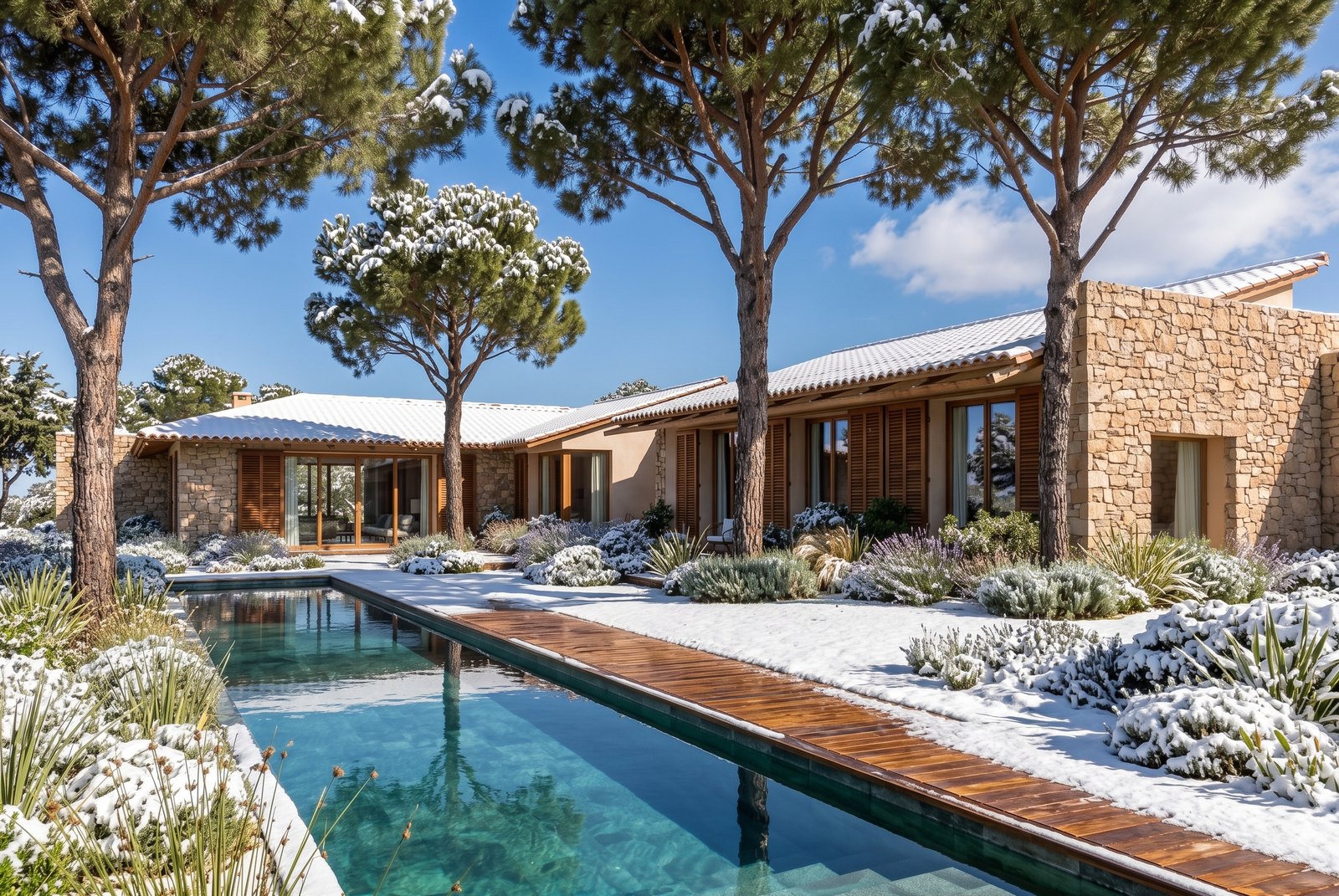 Casa de piedra con piscina y pinos nevados en un día soleado